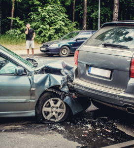 front of one car under the rear of another car from an accident.