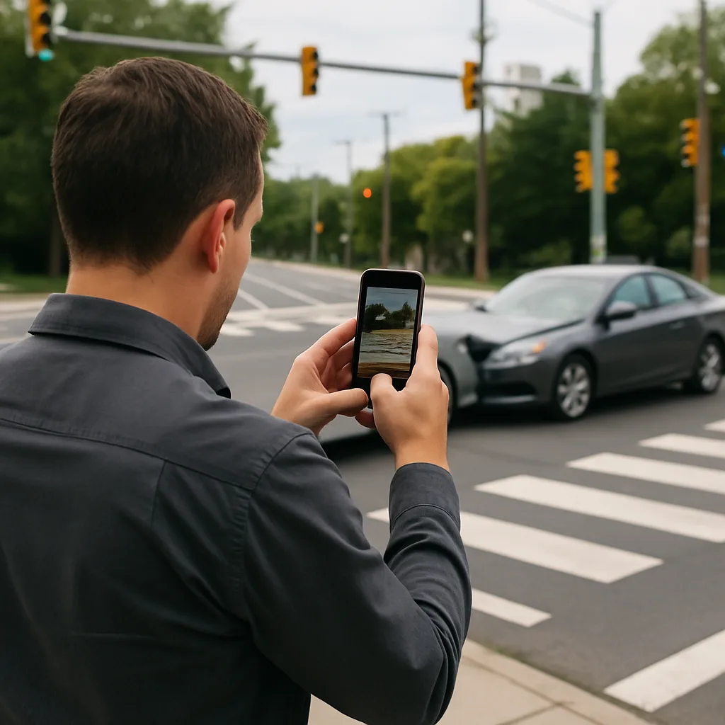 Driver documenting intersection collision evidence near Annapolis