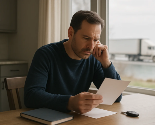 Truck accident insurance statement in Maryland discussed beside a commercial truck and phone