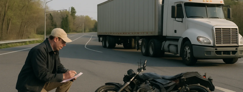 Truck motorcycle accident lawyer Maryland investigation at a roadway intersection