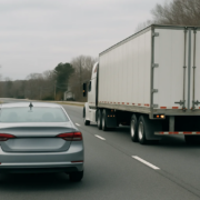 Truck lane change accident lawyer Annapolis guide showing a tractor-trailer beside a passenger car