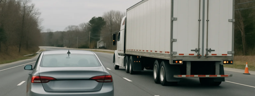 Truck lane change accident lawyer Annapolis guide showing a tractor-trailer beside a passenger car