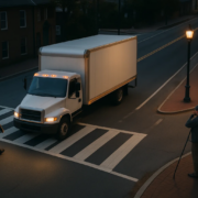 Evidence scene for an Annapolis pedestrian truck accident lawyer examining a commercial truck crossing