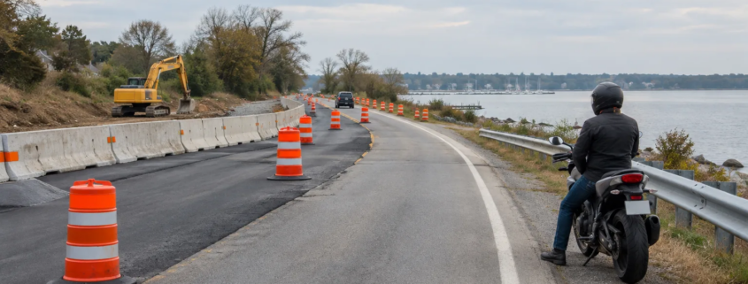 Motorcycle accident construction zone Maryland scene with temporary barriers and a rider observing safely