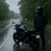 Wet road motorcycle accident lawyer Annapolis scene showing rain, standing water, and a motorcycle